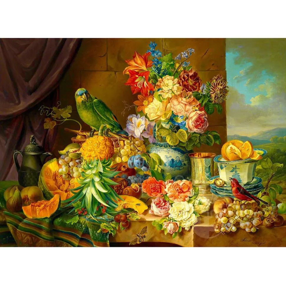 Enjoy Josef Schuster: Still Life with Fruit Flowers and a Parrot Puzzle 1000pcs